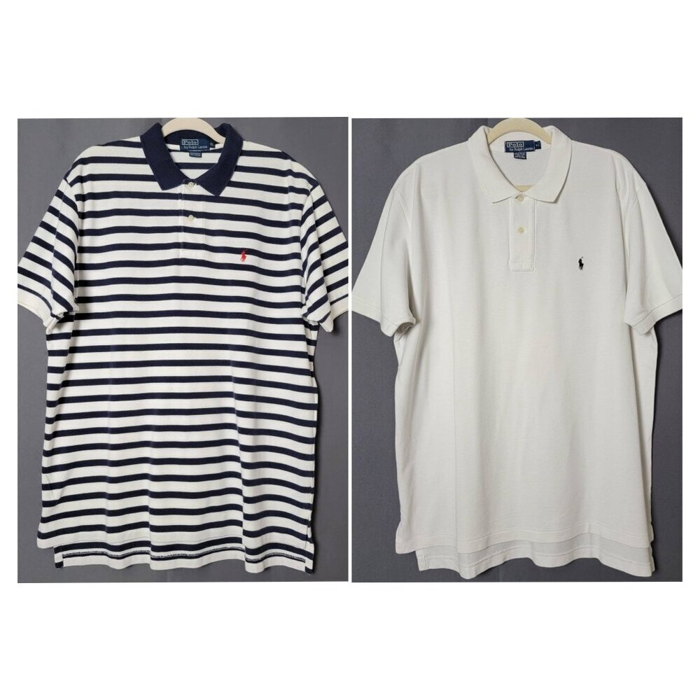 Lot 2 Vintage Polo Ralph Lauren White Blue Striped Cotton Short Sleeve Shirts XL